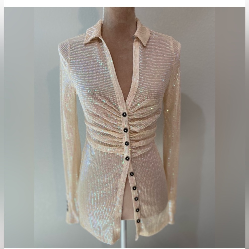 NWT Free People Ivory Sequin Button-Down Blouse - Picture 2 of 7